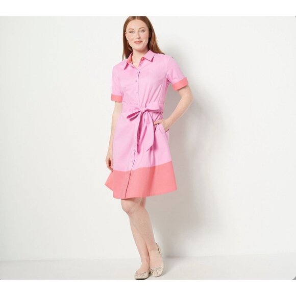 Isaac Mizrahi Live Color Block Poplin Dress Size 14 Pink A499638 - Picture 1 of 3